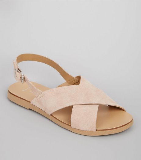 Wide Fit Cream Leather Cross Strap Sandals | New Look