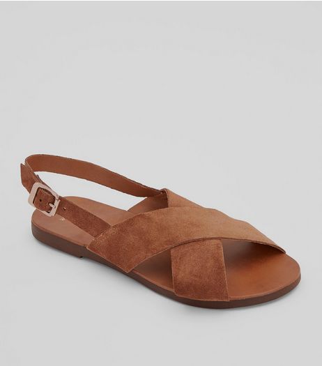 Wide Fit Tan Leather Cross Strap Sandals | New Look