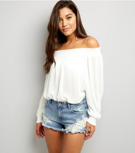 Blue Crochet Floral Lace Denim Shorts | New Look