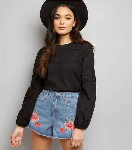 Blue Rose Embroidered Denim Mom Shorts | New Look