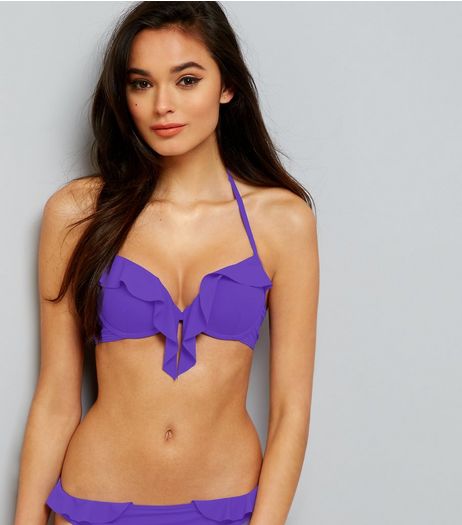 Purple Frill Trim Underwired Plunge Bikini Top | New Look