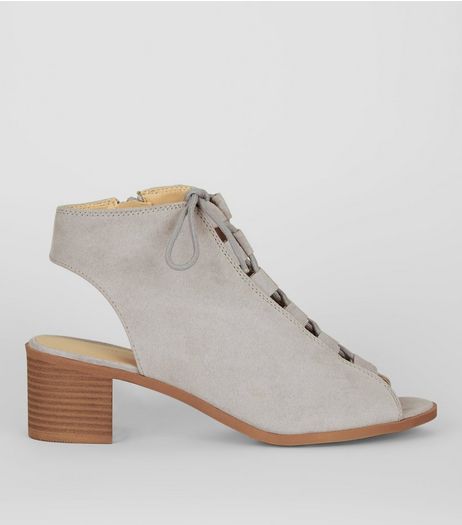 Grey Suedette Lace Up Peep Toe Ghillie Heels | New Look