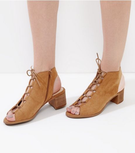 Tan Suedette Lace Up Peep Toe Ghillie Heels | New Look