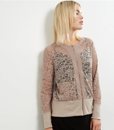 Mela Stone Lace Bomber Jacket | New Look