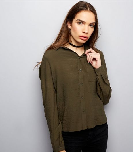 Khaki Long Sleeve Cropped Shirt | New Look