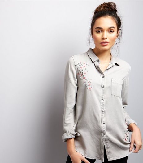Grey Floral Embroidered Long Sleeve Shirt | New Look