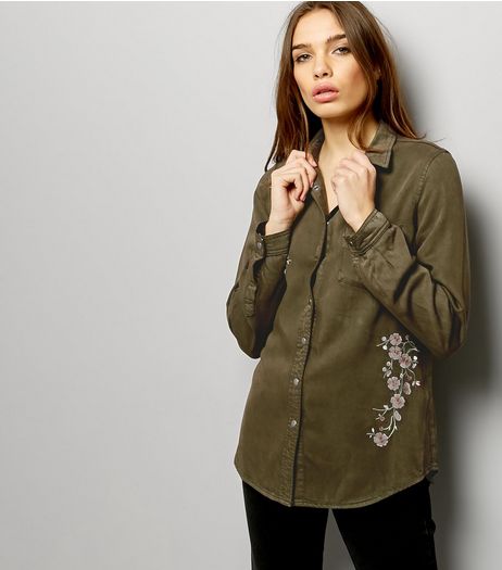 Khaki Floral Embroidered Long Sleeve Shirt | New Look