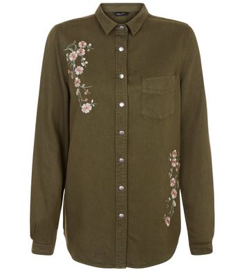 Khaki Floral Embroidered Long Sleeve Shirt | New Look