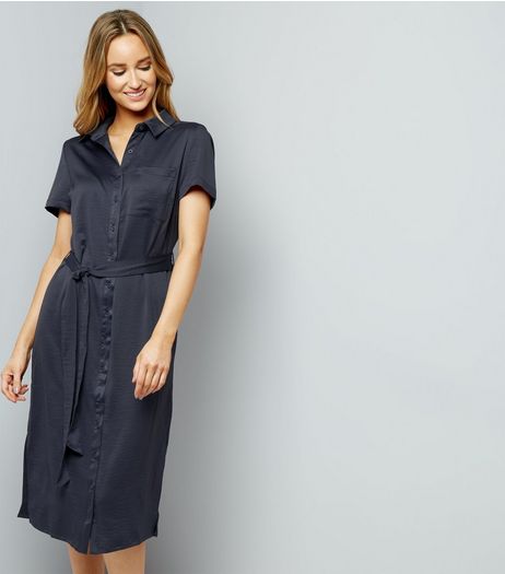 Grey Sateen Belted Split Side Midi Shirt Dress | New Look