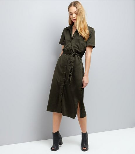 Khaki Sateen Belted Split Side Midi Shirt Dress | New Look