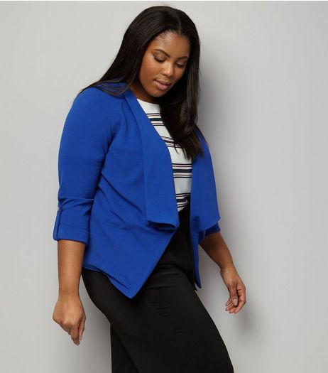 Curves Blue Crepe Rolled Sleeve Waterfall Blazer | New Look