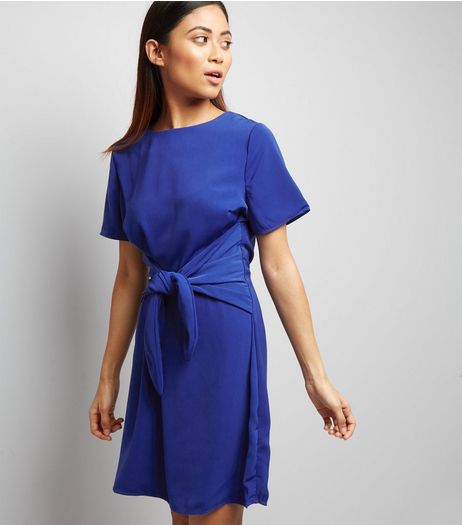Petite Blue Tie Front A-Line Dress | New Look