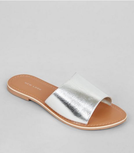 Silver Leather Sliders | New Look