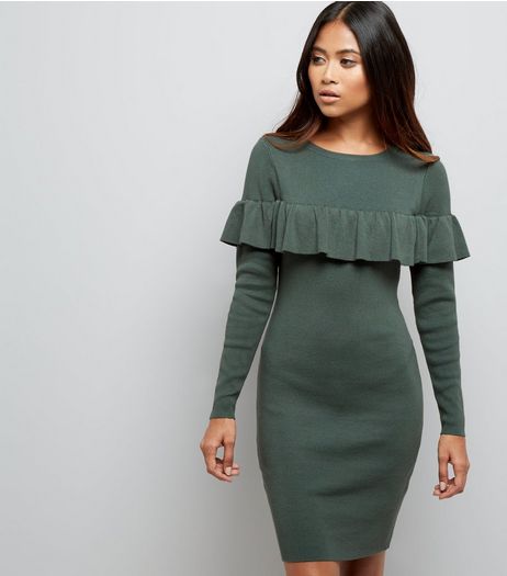 Petite Khaki Knitted Frill Trim Midi Dress | New Look