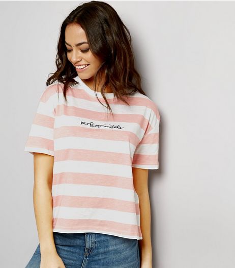 Shell Pink Perfect Mistake Embroidered Stripe T-Shirt | New Look