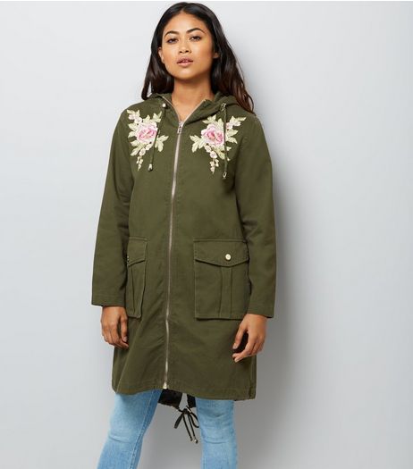 Petite Khaki Floral Embroidered Parka | New Look