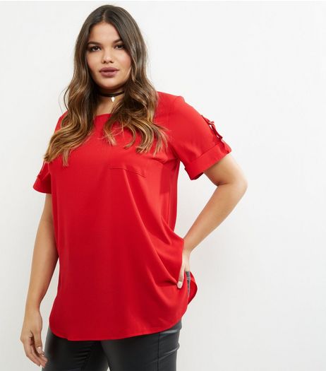 Curves Red Rolled Sleeve Pocket Front T-shirt | New Look