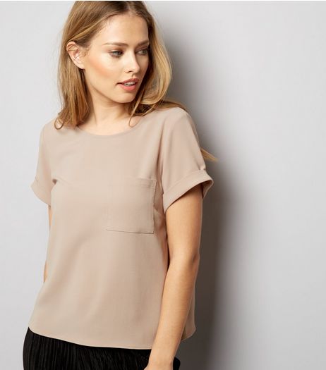 Shell Pink Roll Sleeve Single Pocket Front T-Shirt | New Look