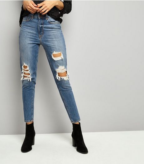 Blue Ripped Knee Tori Mom Jeans | New Look