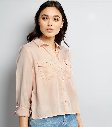 Shell Pink Roll Sleeve Cropped Shirt | New Look
