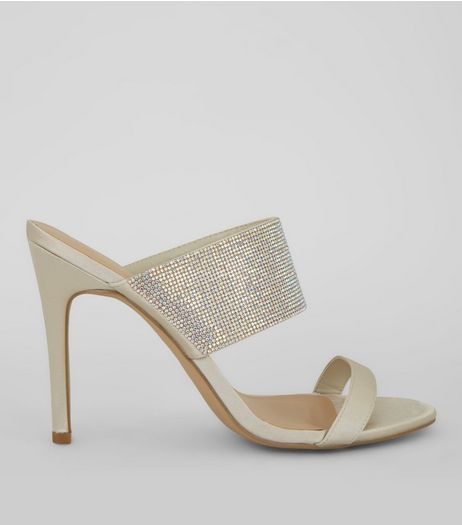 Cream Sateen Wide Glitter Strap Heeled Mules | New Look