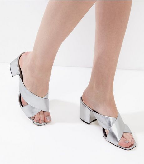 Silver Leather Cross Strap Heeled Mules | New Look