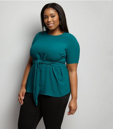 Curves Green Tie Front Short Sleeve Top | New Look