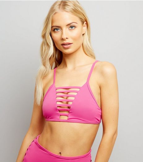 Bright Pink Lattice Front Bikini Top | New Look