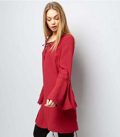 Red Lattice Front Bell Sleeve Tunic | New Look