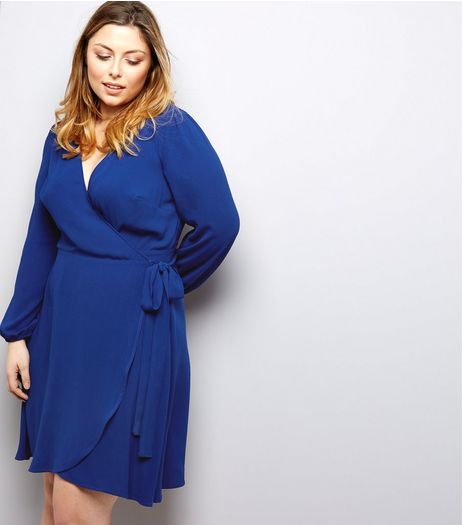 Curves Blue Wrap Front Dress | New Look