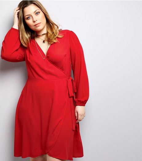 Curves Red Wrap Front Dress | New Look