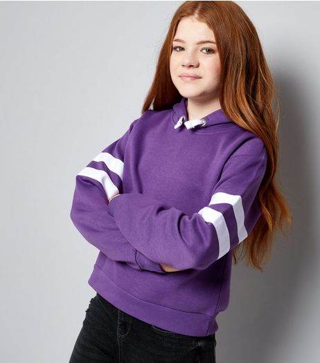 Teens Purple Stripe Sleeve Hoodie | New Look