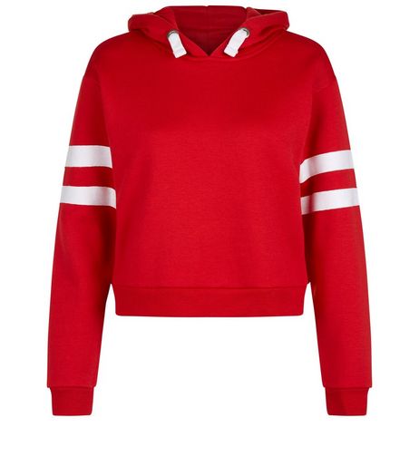 Teens Red Stripe Sleeve Hoodie | New Look
