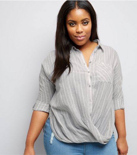 Curves Pale Grey Stripe Wrap Front Shirt | New Look