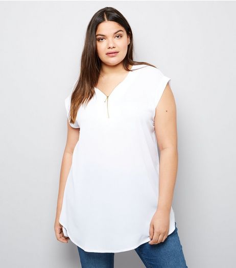 Curves White Zip Front Tunic | New Look