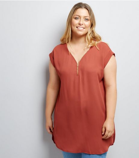 Curves Orange Zip Front Tunic | New Look