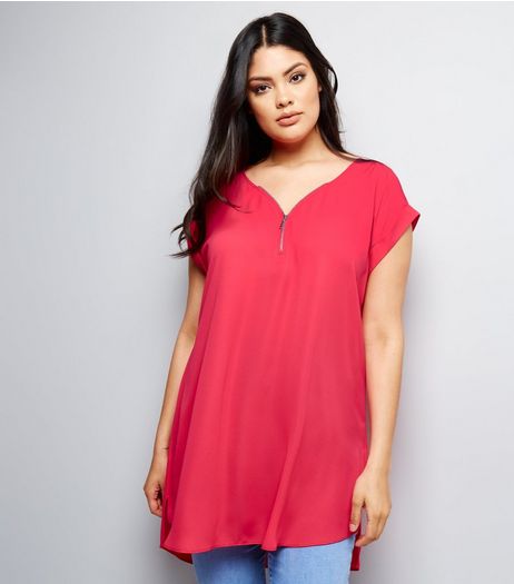 Curves Deep Pink Zip Front Tunic | New Look