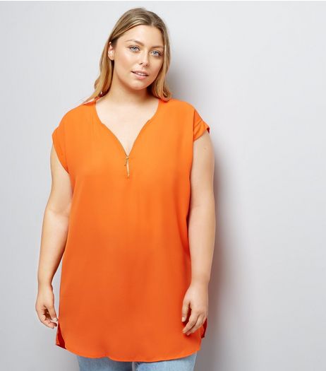 Curves Bright Orange Zip Front Tunic | New Look
