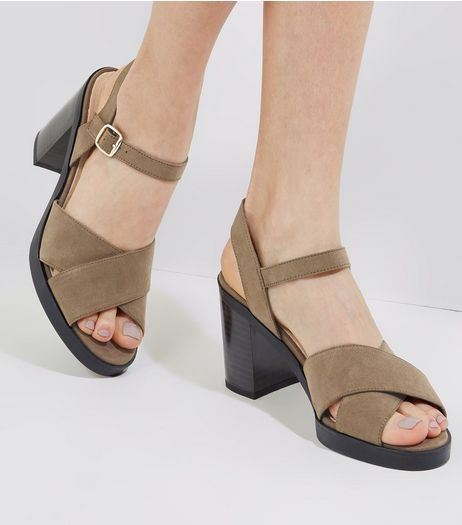 Khaki Comfort Suedette Cross Strap Heels | New Look