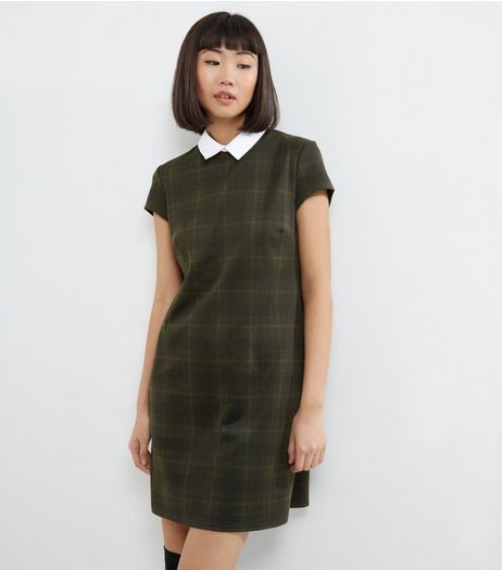 Khaki Check Contrast Collar Shift Dress | New Look