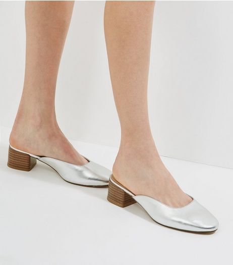 Silver Metallic Mini Block Heeled Mules | New Look