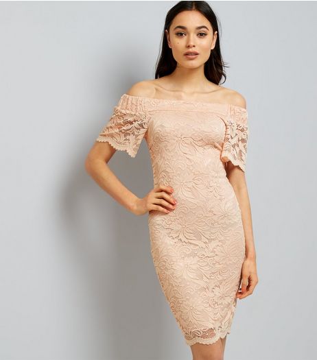 Shell Pink Lace Bardot Neck Bodycon Dress | New Look