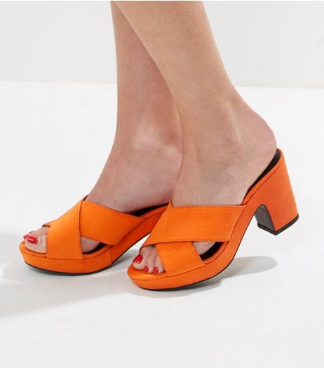 Wide Fit Orange Cross Front Platform Mules | New Look
