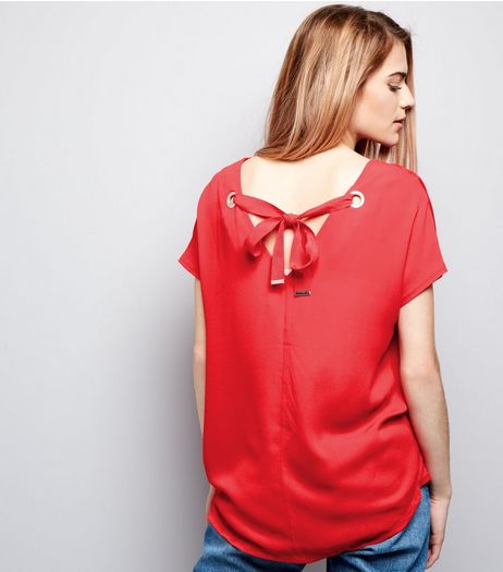 Red Eyelet Trim Tie Back Woven Top | New Look