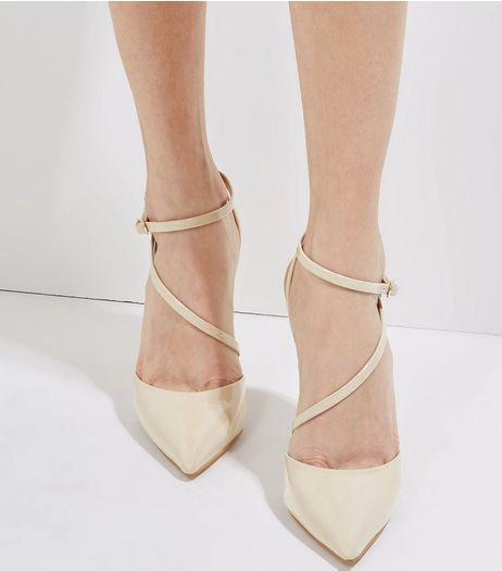 Cream Patent Asymmetric Strap Pointed Heels | New Look