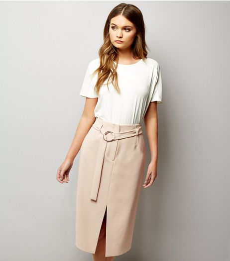 Stone Hoop Trim Belted Split Front Pencil Skirt | New Look
