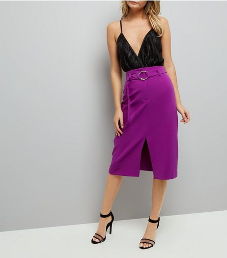 Purple Hoop Trim Belted Split Front Pencil Skirt | New Look