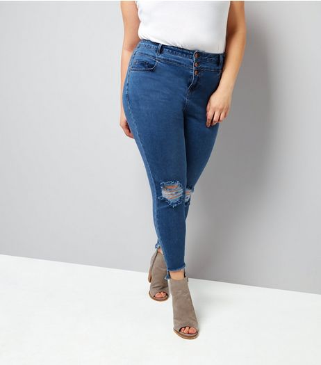 Curves Blue High Waist Ripped Skinny Jeans | New Look