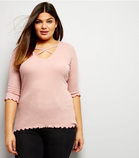 Curves Pink Ribbed Frill Trim Cross Front 3/4 Sleeve T-Shirt | New Look