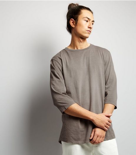 Stone 3/4 Sleeve Curved Hem T-Shirt | New Look